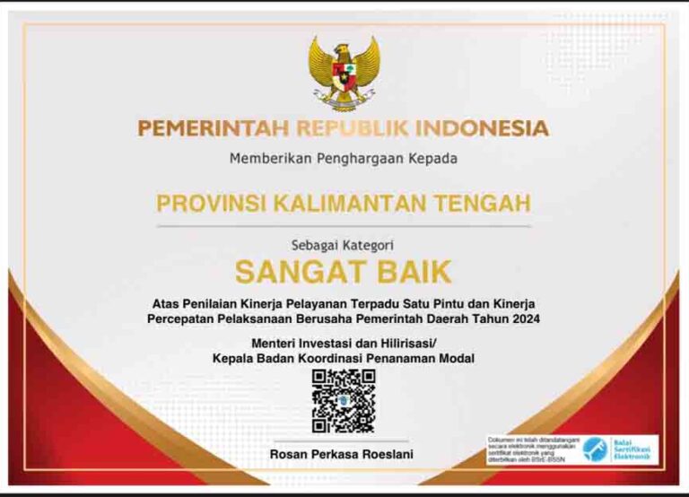 Pemprov Kalteng Raih Penilaian Kinerja Sangat Baik dari Kementerian Investasi dan Hilirisasi/BKPM
