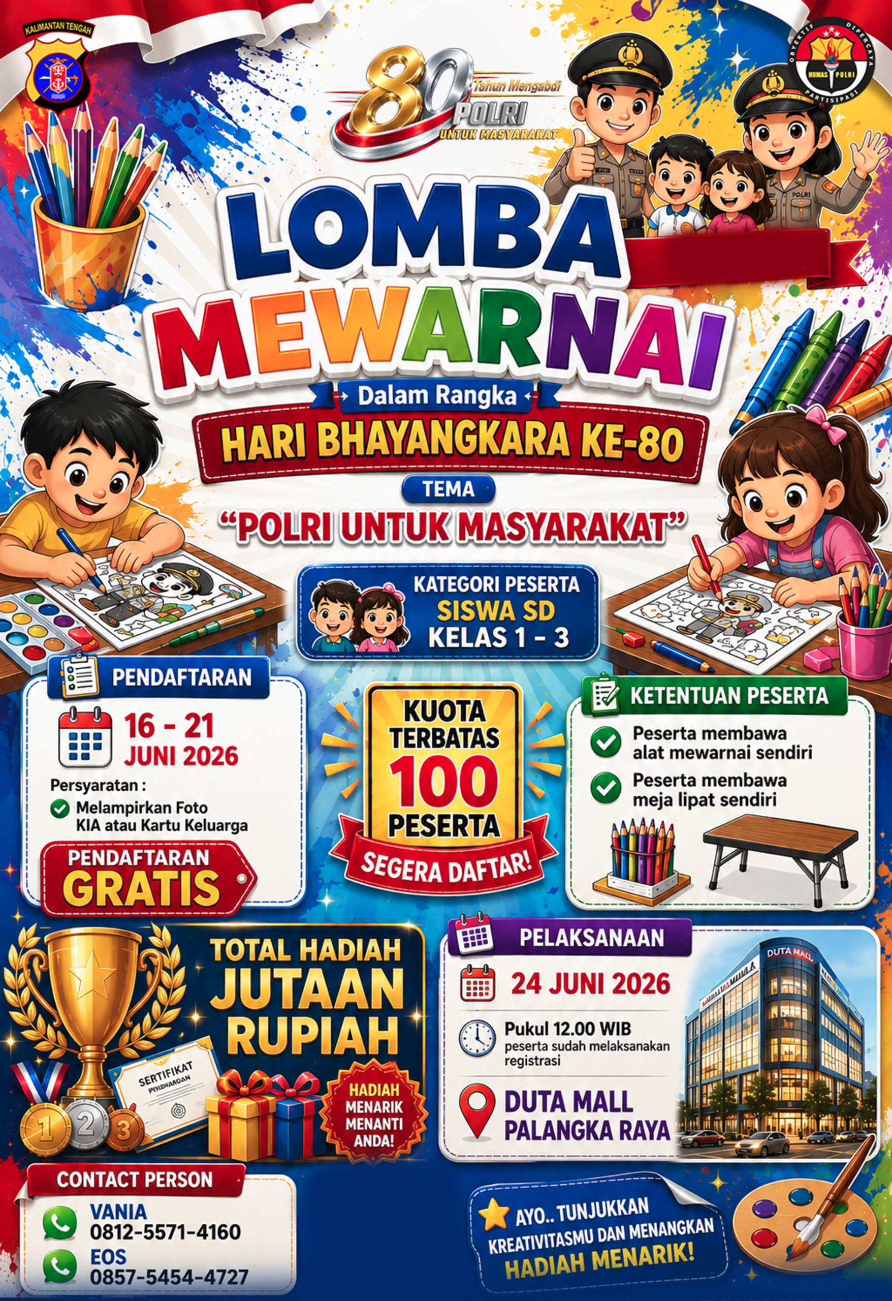 Polda Kalteng Ajak Siswa SD Ikuti Lomba Mewarnai Hari Bhayangkara ke-80