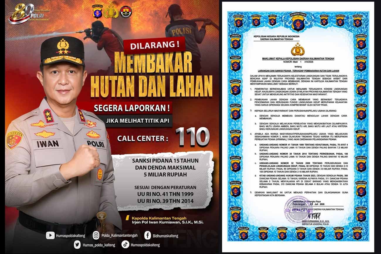 Maklumat Kapolda Kalteng, Sanksi untuk Pembakaran Lahan